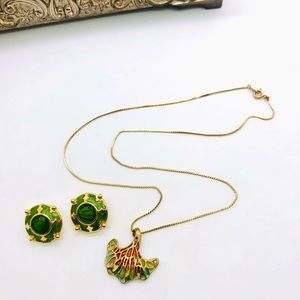 Vintage Flower Pendant & Green Enamel Earrings